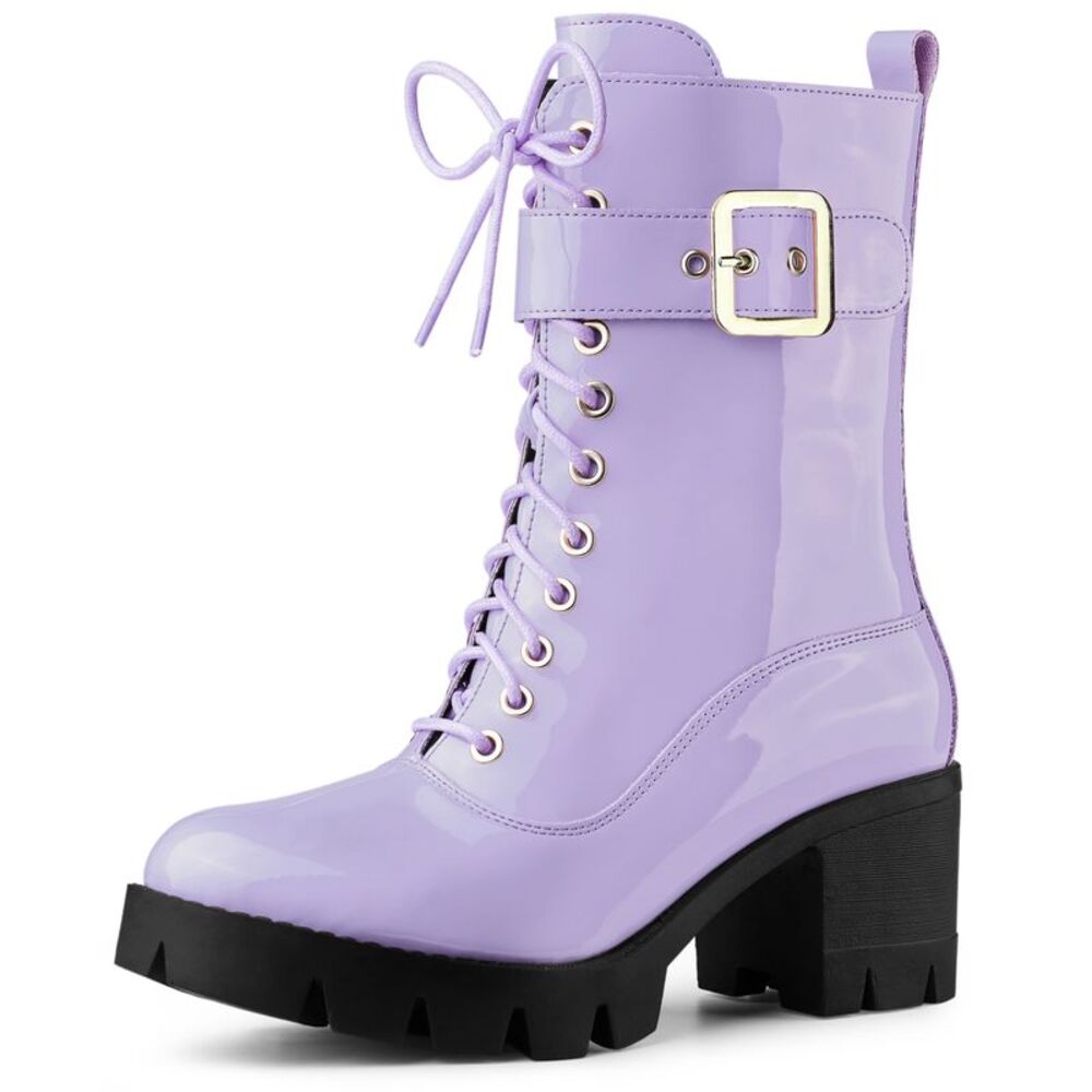 Zip Platform Chunky Heel Combat Boots Purple